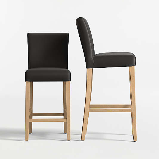 Lowe Onyx Leather Stools with Natural Wood Legs