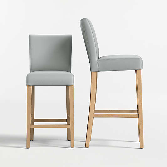Lowe Pewter Grey Leather Stools with Natural Wood Legs