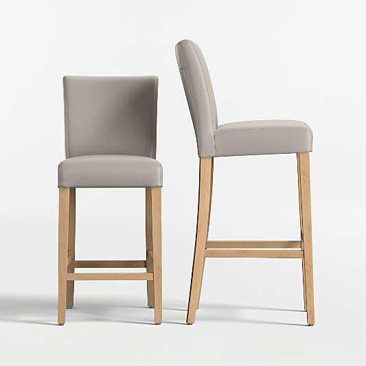 Lowe Pewter Grey Leather Stools with Natural Wood Legs