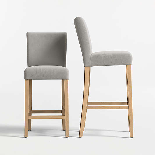 Lowe Pewter Grey Upholstered Bar Stool with Natural Wood Legs