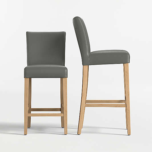 Lowe Smoke Grey Leather Stools with Natural Wood Legs