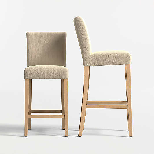 Lowe Taupe Upholstered Stools with Natural Wood Legs