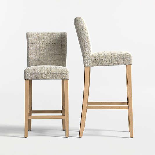 Lowe Topaz Check Upholstered Stools with Natural Wood Legs