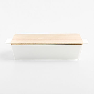 View Large White Stoneware Baking Dish with Bamboo Lid details