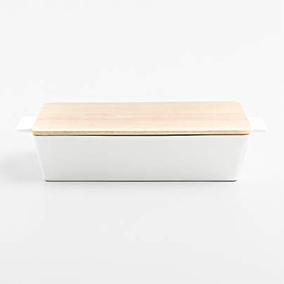 Large White Stoneware Baking Dish with Bamboo Lid