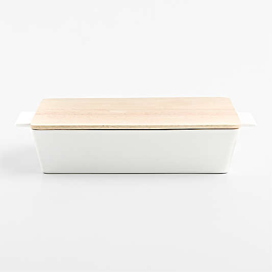 Large White Stoneware Baking Dish with Bamboo Lid