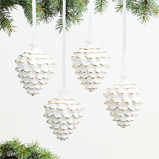Gold Dipped White Ceramic Pinecone Christmas Tree Ornament, Set of 4