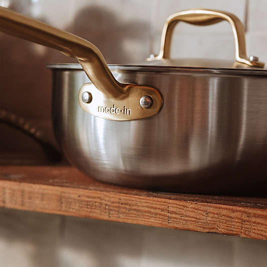 Made In CeramiClad™ Non-Stick Sand 3-Qt. Saucier with Brass Hardware