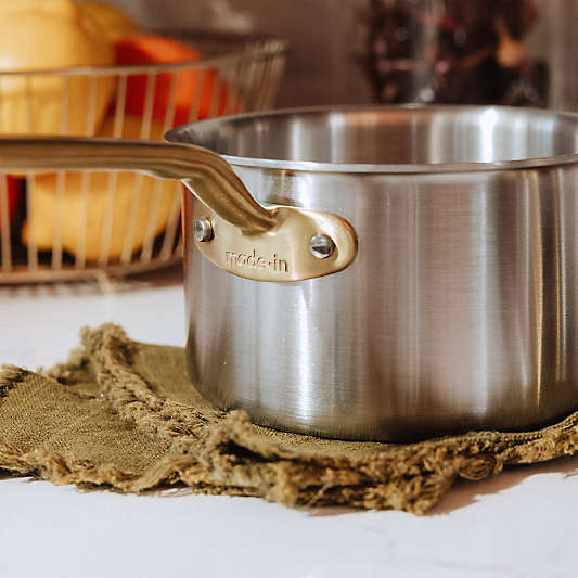 Made In Stainless Clad 2-Qt. Saucepan with Antique Brass Hardware