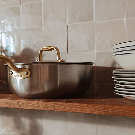 Made In Stainless Clad 3-Qt. Saucier with Antique Brass Hardware