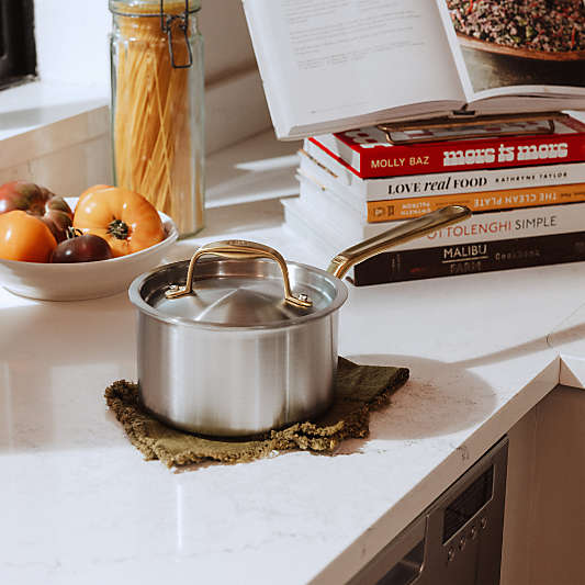 Made In Stainless Clad 4-Qt. Saucepan with Antique Brass Hardware