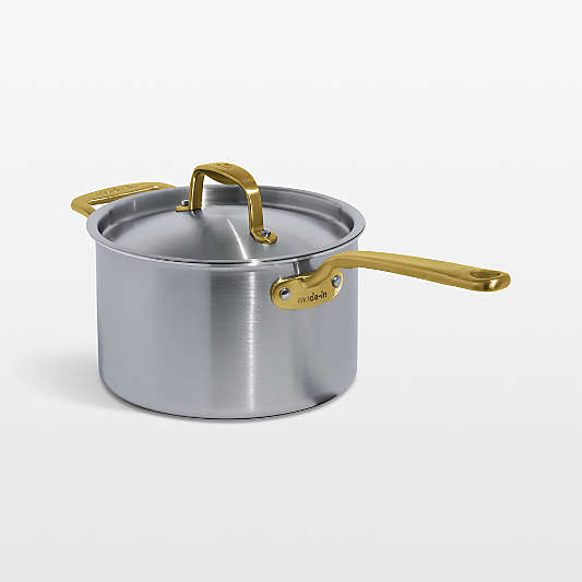 Made In Stainless Clad 4-Qt. Saucepan with Antique Brass Hardware