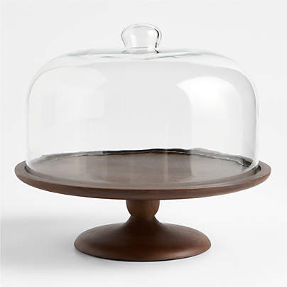 Madeira Walnut-Finished Acacia Wood Cake Stand with Glass Lid