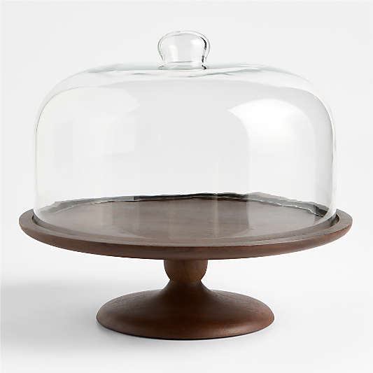 Madeira Walnut-Finished Acacia Wood Cake Stand with Glass Lid