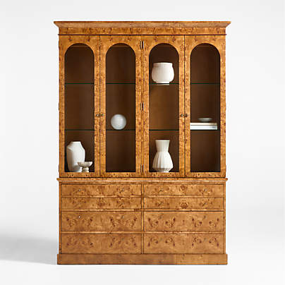 Maison Burl Wood and Glass Lighted Storage Display Cabinet