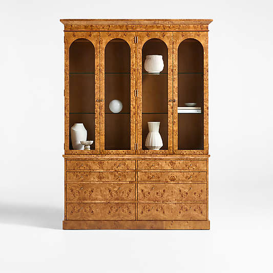 Maison Burl Wood and Glass Lighted Storage Display Cabinet