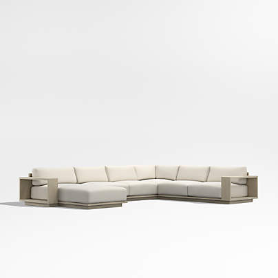 Mallorca Wood 4-Piece Left-Arm Chaise U-Shaped Outdoor Sectional Sofa with Ivory Cushions