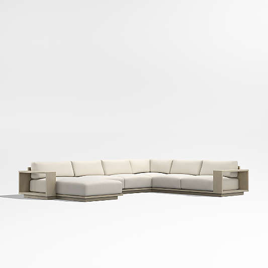 Mallorca Wood 4-Piece Left-Arm Chaise U-Shaped Outdoor Sectional Sofa with Ivory Cushions