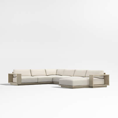 Mallorca Wood 4-Piece Right-Arm Chaise U-Shaped Outdoor Sectional Sofa with Ivory Cushions