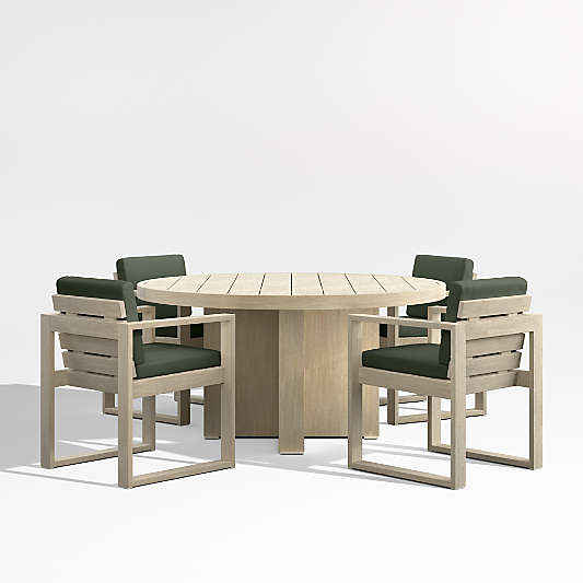 Mallorca 60" Wood Outdoor Dining Table Set with Cast Sage Green Sunbrella ® Cushions