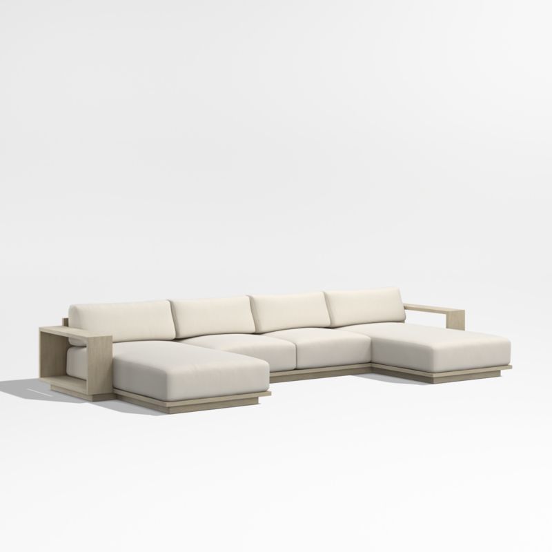 Mallorca Wood Double-Chaise Outdoor Sectional Sofa with Taupe Cushions