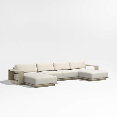 Mallorca Double-Chaise Wood Outdoor Sectional Sofa with Ivory Cushions
