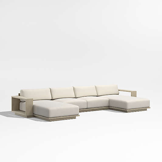 Mallorca Double-Chaise Wood Outdoor Sectional Sofa with Ivory Cushions