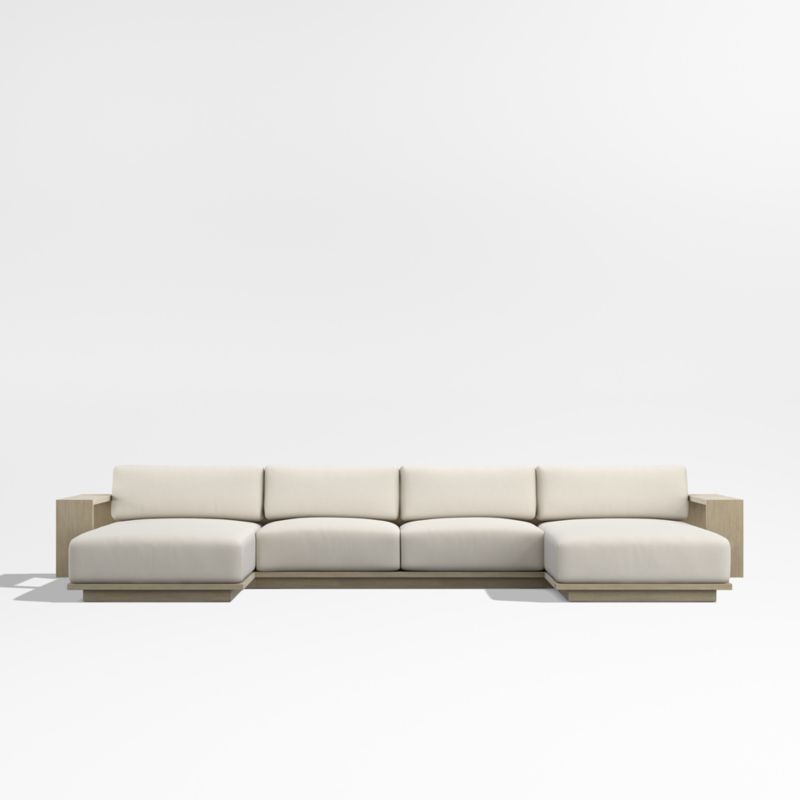 Mallorca Wood Double-Chaise Outdoor Sectional Sofa with Taupe Cushions