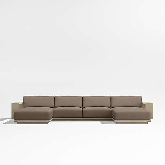 Mallorca Wood Double-Chaise Outdoor Sectional Sofa with Cast Shale Brown Sunbrella ® Cushions