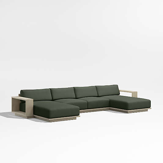 Mallorca Double-Chaise Wood Outdoor Sectional Sofa with Cast Sage Green Sunbrella ® Cushions