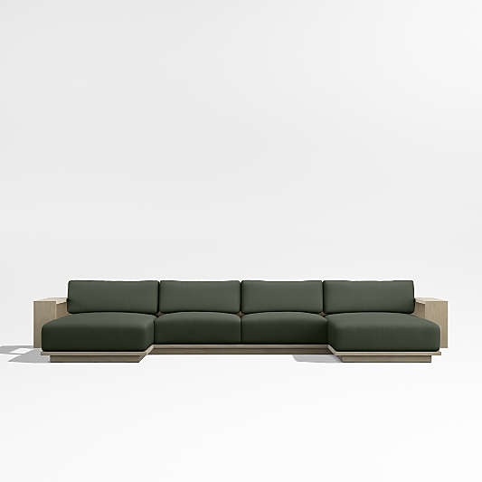 Mallorca Wood Double-Chaise Outdoor Sectional Sofa with Cast Sage Green Sunbrella ® Cushions