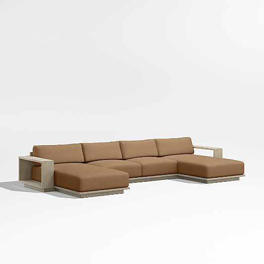 Mallorca Double-Chaise Wood Outdoor Sectional Sofa with Cast Teak Brown Sunbrella ® Cushions