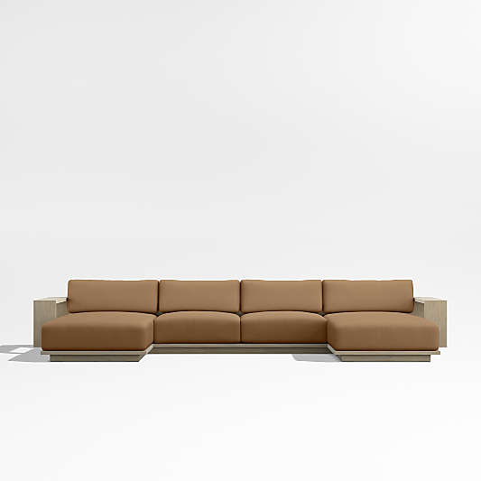Mallorca Wood Double-Chaise Outdoor Sectional Sofa with Cast Teak Brown Sunbrella ® Cushions