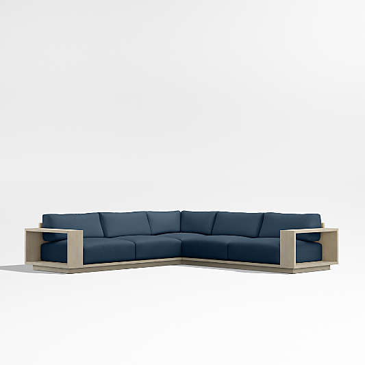 Mallorca Wood 3-Piece L-Shaped Outdoor Sectional Sofa with Cast Harbor Navy Blue Sunbrella ® Cushions