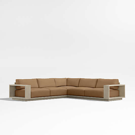 Mallorca Wood 3-Piece L-Shaped Outdoor Sectional Sofa with Cast Teak Brown Sunbrella ® Cushions