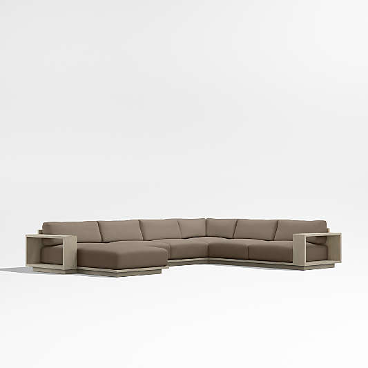 Mallorca Wood 4-Piece Left-Arm Chaise U-Shaped Outdoor Sectional Sofa with Cast Shale Brown Sunbrella ® Cushions