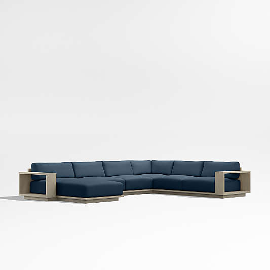 Mallorca Wood 4-Piece Left-Arm Chaise U-Shaped Outdoor Sectional Sofa with Cast Harbor Navy Blue Sunbrella ® Cushions