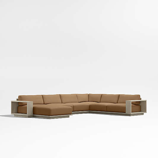 Mallorca Wood 4-Piece Left-Arm Chaise U-Shaped Outdoor Sectional Sofa with Cast Teak Brown Sunbrella ® Cushions