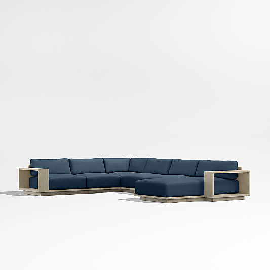 Mallorca Wood 4-Piece Right-Arm Chaise U-Shaped Outdoor Sectional Sofa with Cast Harbor Navy Blue Sunbrella ® Cushions