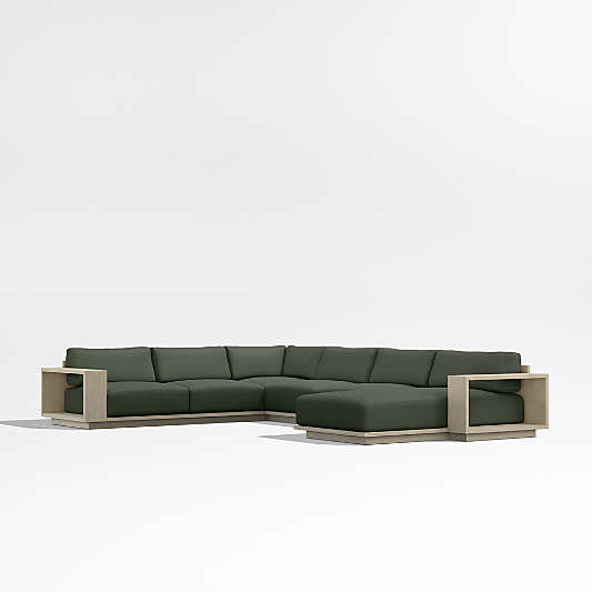 Mallorca 4-Piece Right-Arm Chaise U-Shaped Wood Outdoor Sectional Sofa with Cast Sage Green Sunbrella ® Cushions