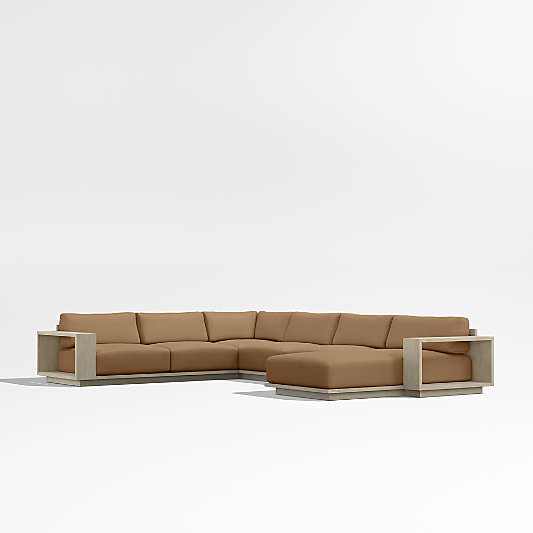 Mallorca 4-Piece Right-Arm Chaise U-Shaped Wood Outdoor Sectional Sofa with Cast Teak Brown Sunbrella ® Cushions