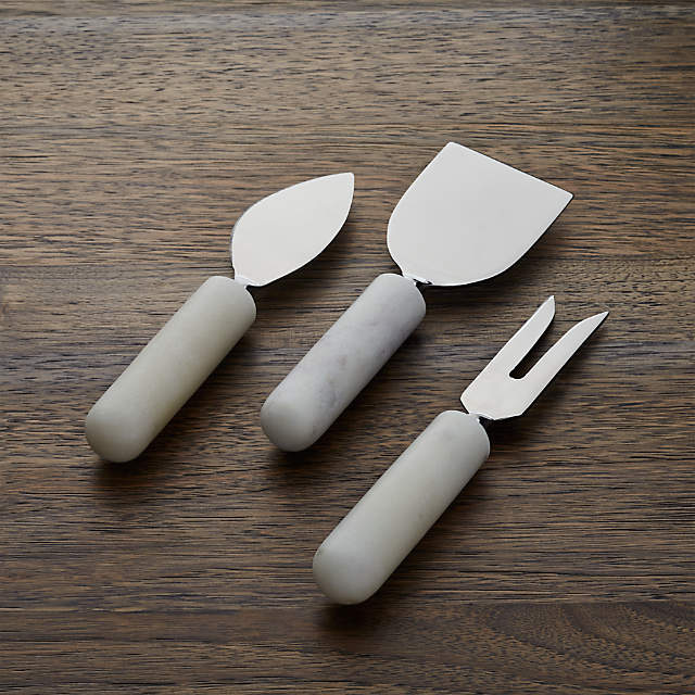 3 Knife Set with a Calcutta White Marble Handle, White Cubic