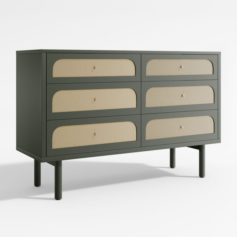 Maren Olive Green and Cane Wood 6-Drawer Dresser