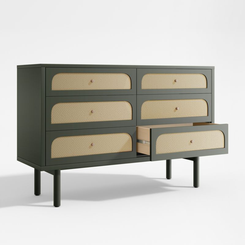Maren Olive Green and Cane Wood 6-Drawer Dresser
