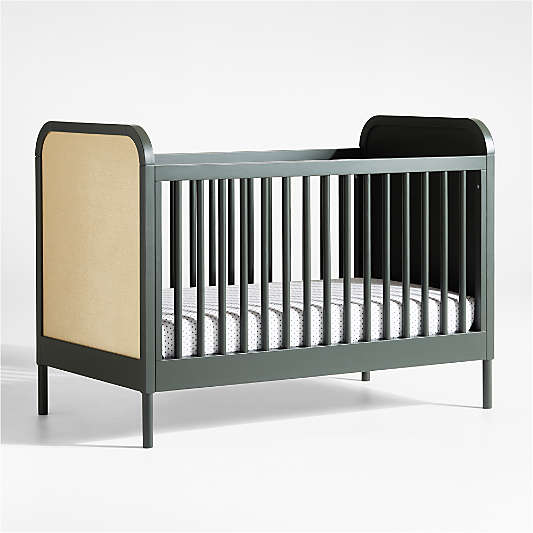 Maren Olive Green and Cane Convertible Baby Crib with Toddler Bed Rail