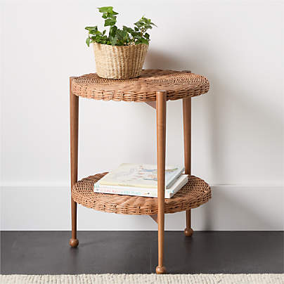 Margot Wicker and Brown Wood Round Nursery Side Table