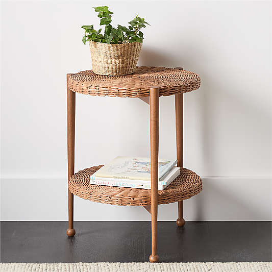 Margot 18" Wicker and Brown Wood Round Nursery Side Table