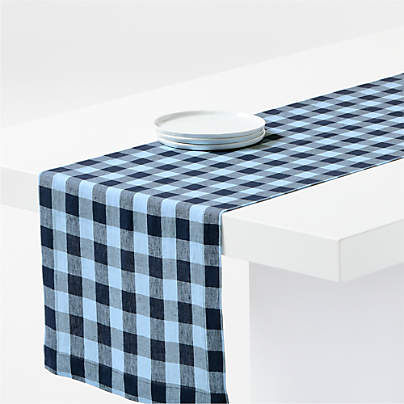 Marin 120" EUROPEAN FLAX ™-Certified Linen Blue Buffalo Check Table Runner