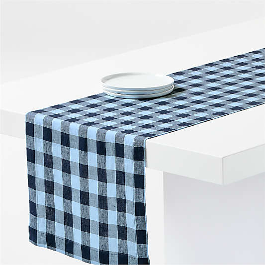 Marin 120" EUROPEAN FLAX ™-Certified Linen Blue Buffalo Check Table Runner