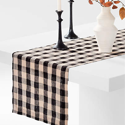 Marin 120" Black and Natural Buffalo Check European Certified Linen Table Runner